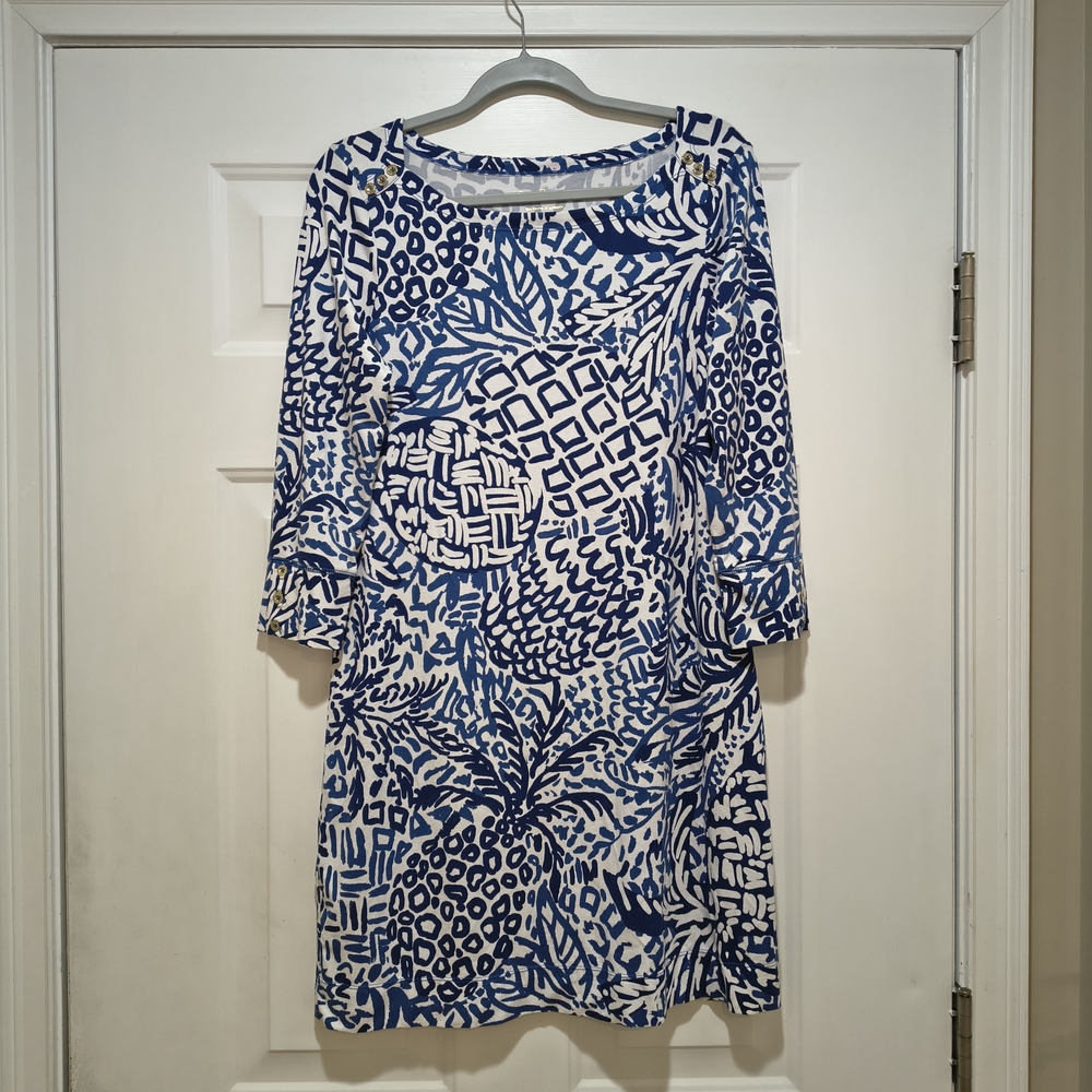 Lilly Pulitzer Sophie Dress Blue White Print 3/4 Sleeve Boat Neck Stretch Large